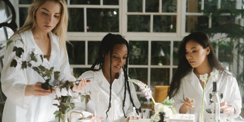 Três mulheres cientistas examinam plantas em um laboratório.