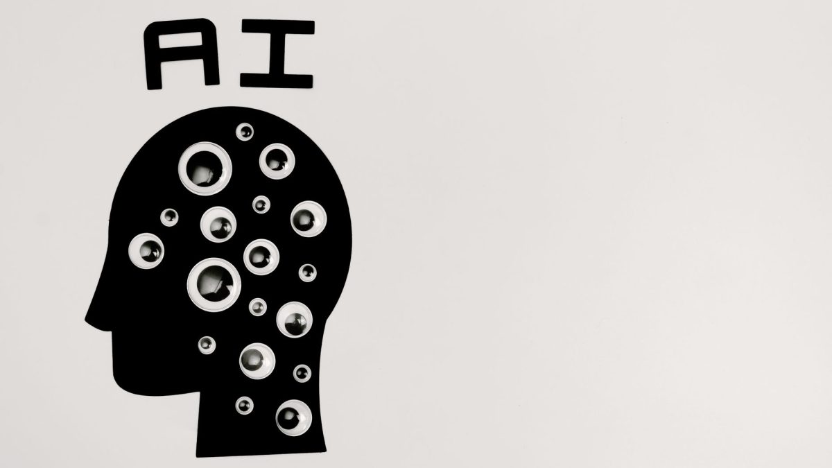 Ilustração de uma cabeça humana em silhueta preenchida por olhos, representando inteligência artificial, observação e privacidade de dados.