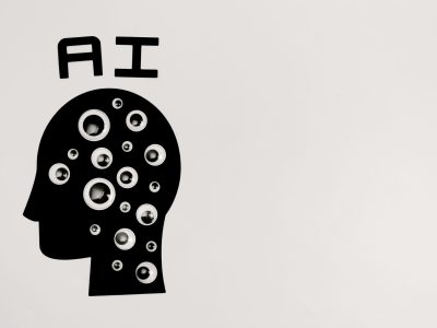 Ilustração de uma cabeça humana em silhueta preenchida por olhos, representando inteligência artificial, observação e privacidade de dados.